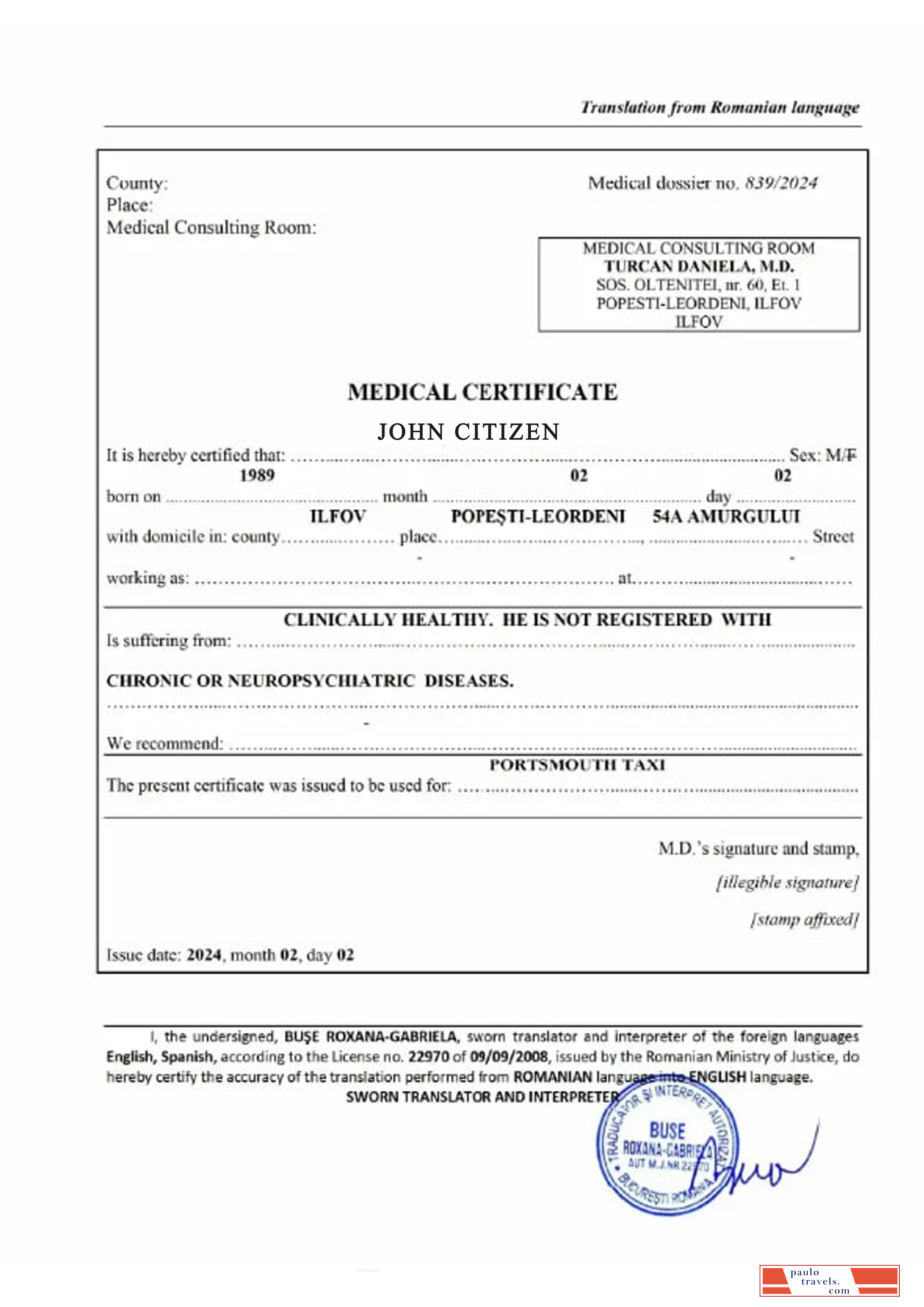 Romania medical certificate